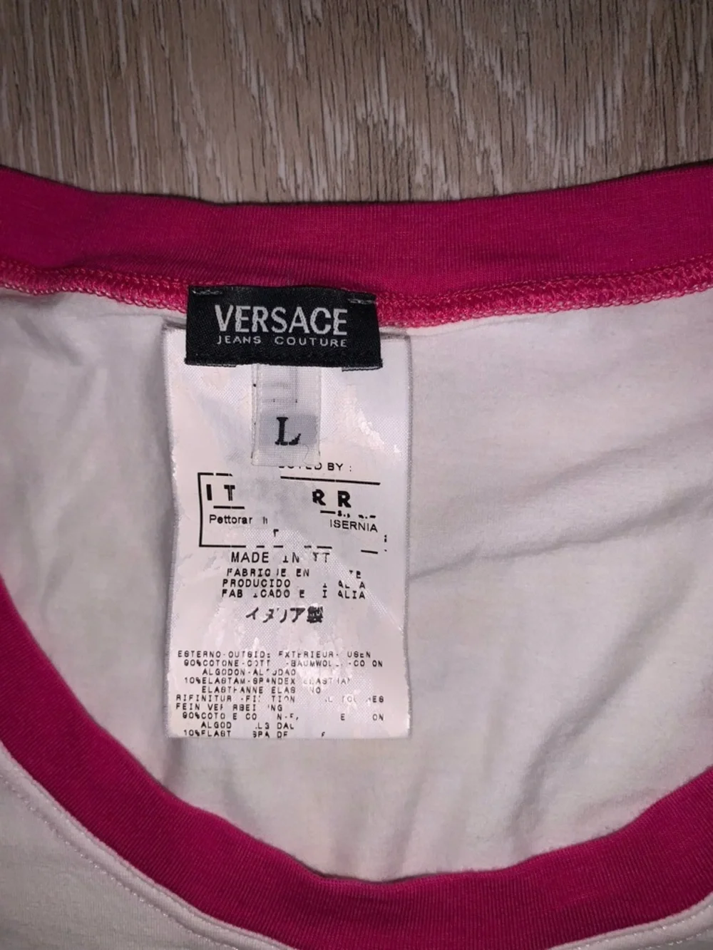 Versace Jeans Couture White Tee with Pink Floral Sleeves Size: Large - Picture 2 of 4
